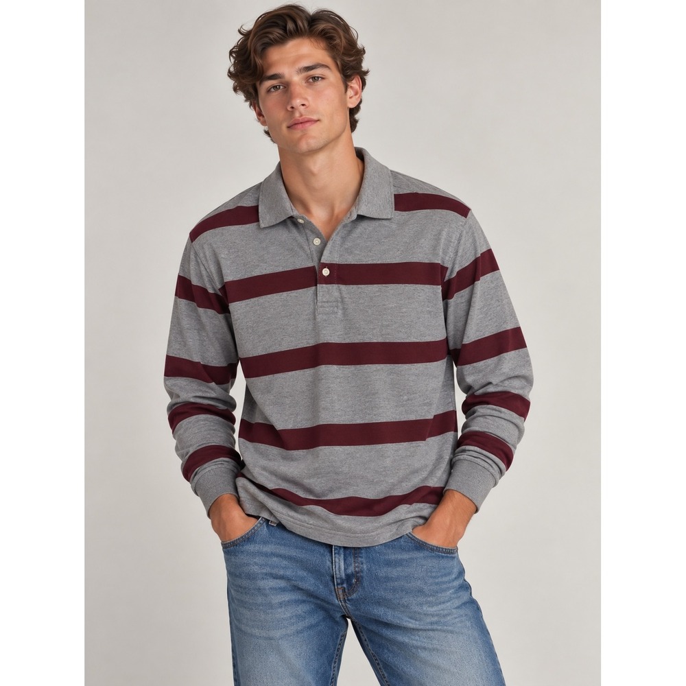 St. John's Bay Gray & Burgundy Fall Striped Classic Fit Long Sleeve Polo, M